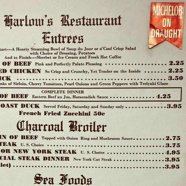 Vintage 1968 Harlow\'s Restaurant Menu Michlob Beer On Draught