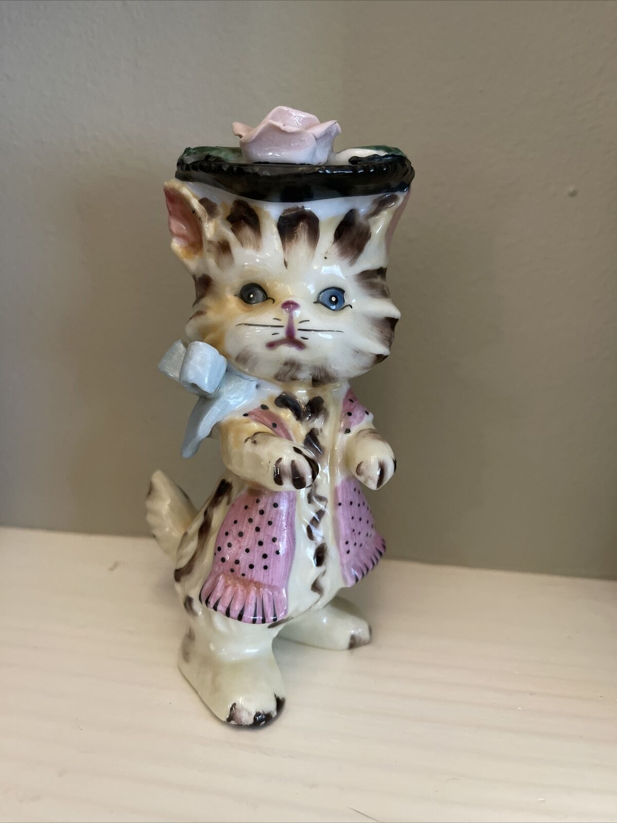 Fancy Lefton Porcelain Kitten Figurine Dressed Up Made In Japan Floral Hat + Bow