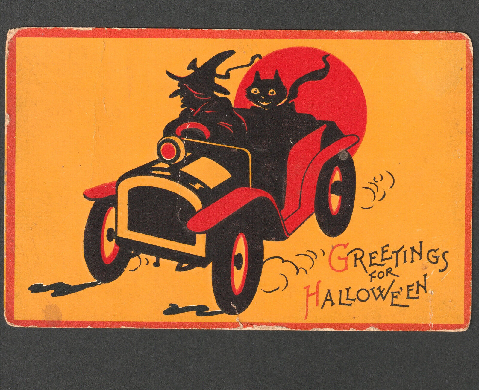 Greetings for Halloween Witch Automobile Car Black Cat Sam Gabriel 122 PostCard