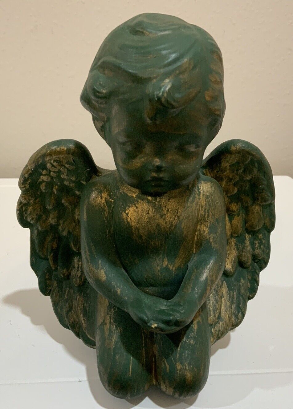 Vtg Praying Cherub Angel Naked Baby Distressed Emerald Green Gold Shelf Sitter