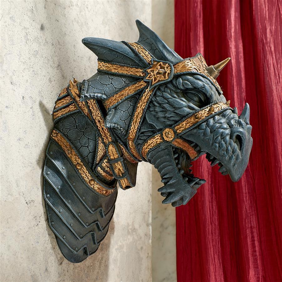 Medieval Warrior Beast Harnessed Armor Horned Dragon Head Trophy Wall Sculpture