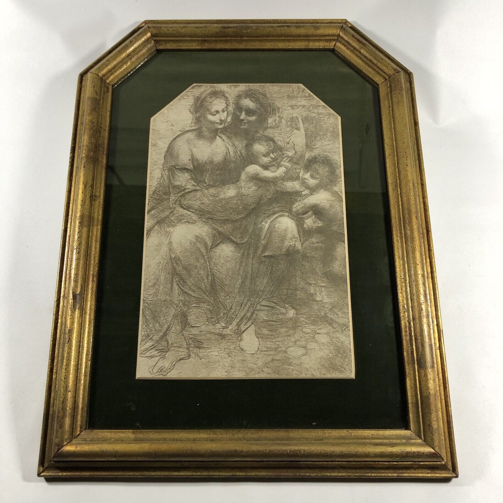 Madonna And Child Gold Framed Black & White Sketch Print Vintage Preowned
