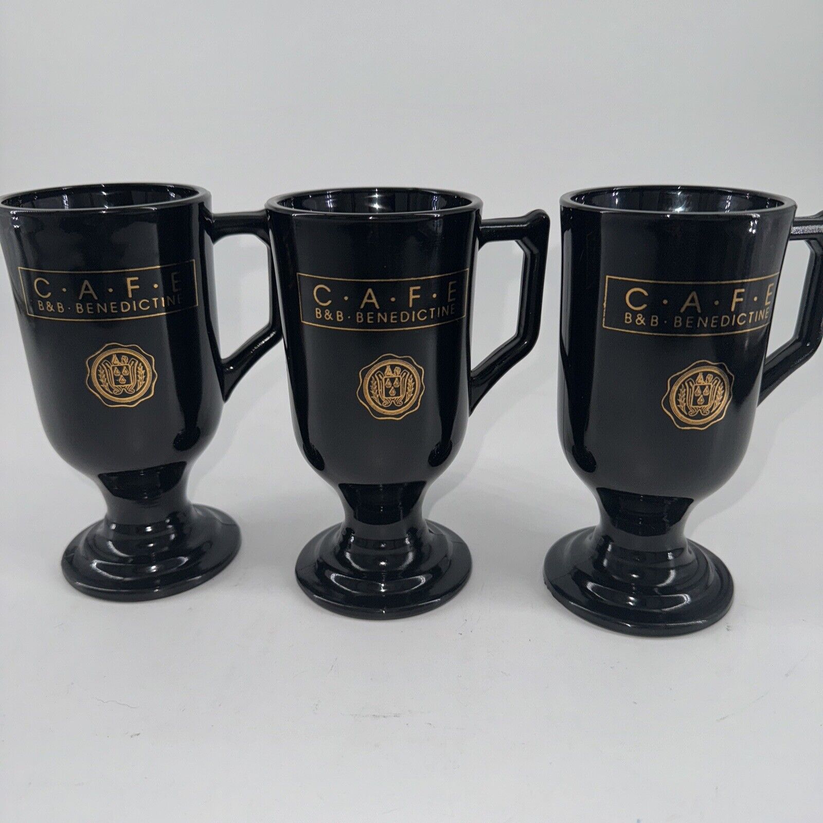 Irish Coffee Mugs Set Of 3 Cafe B&B Benedictine Black Glass w/Gold Logo 5.5” T