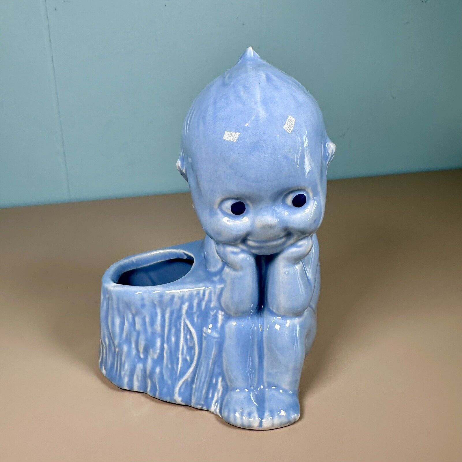Kewpie Doll Planter Blue Vintage Ceramic Artist Studio 5.5”