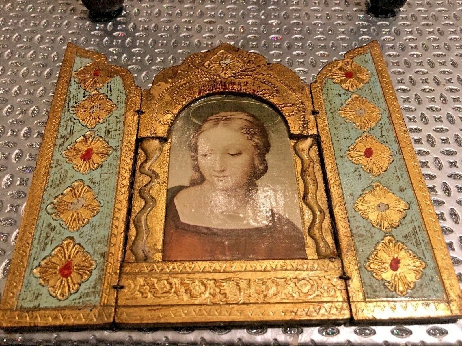 Vintage Gold Wood Italian Tole Florentine Madonna Triptych Icon