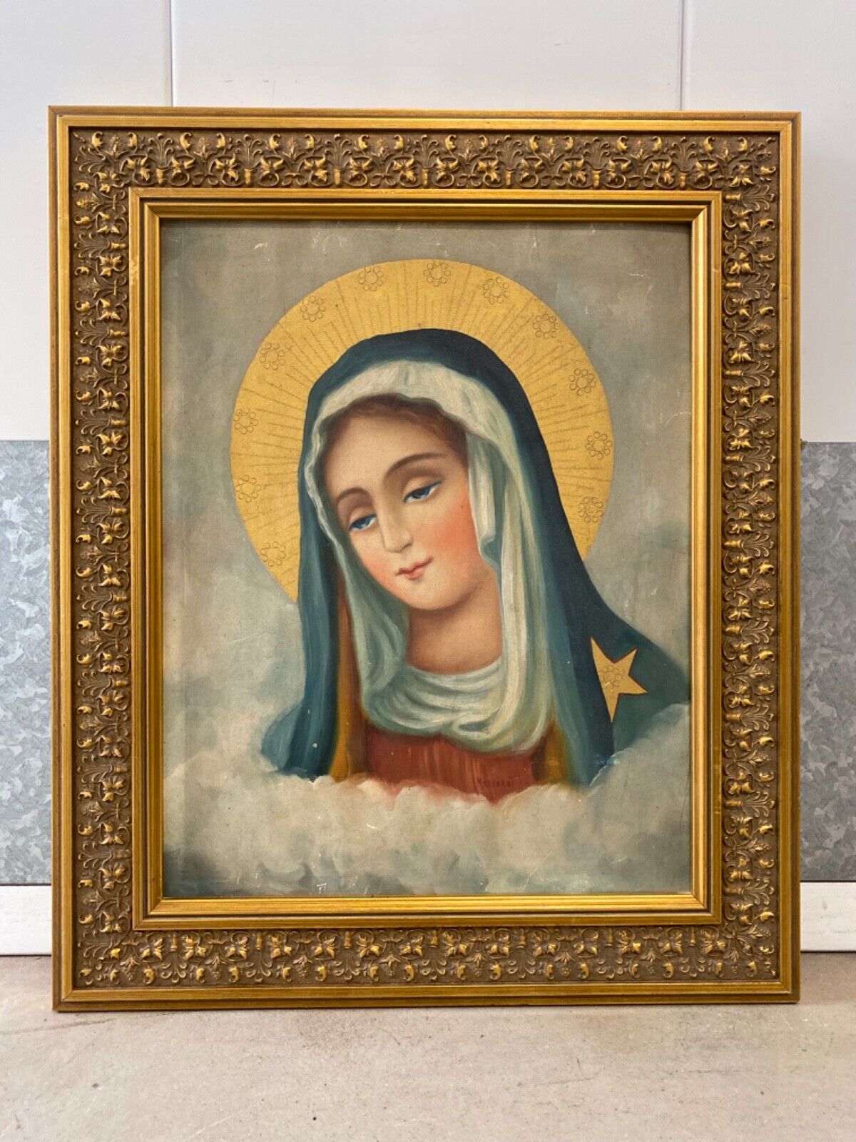 🔥 Fine Antique Old Master 19th c. Virgin Mary Madonna Icon Oil Painting, Signed