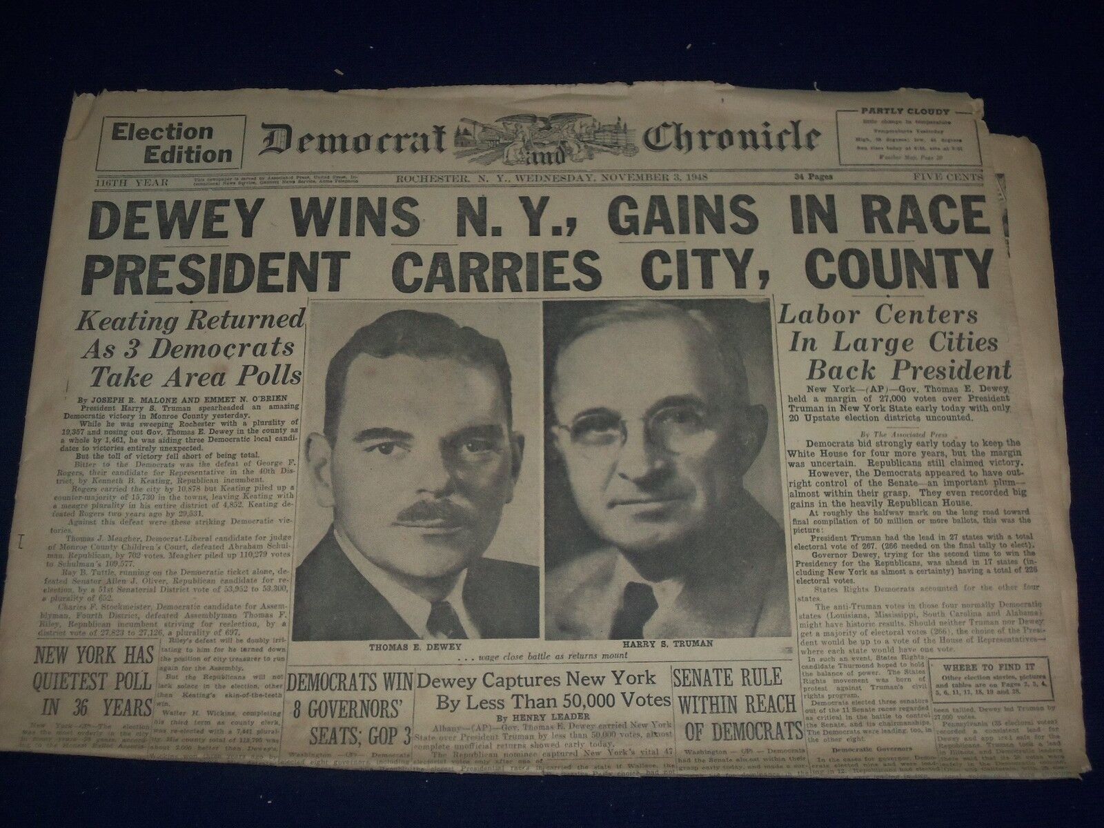 1948 NOV 3 DEMOCRAT & CHRONICLE NEWSPAPER - DEWEY WINS NY GAINS IN RACE- NP 1623