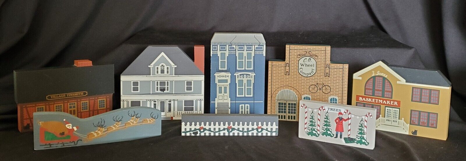 Vintage The Cat\'s Meow Set 1988-89\'  Lot Of 8 Buildings & Christmas Decorations