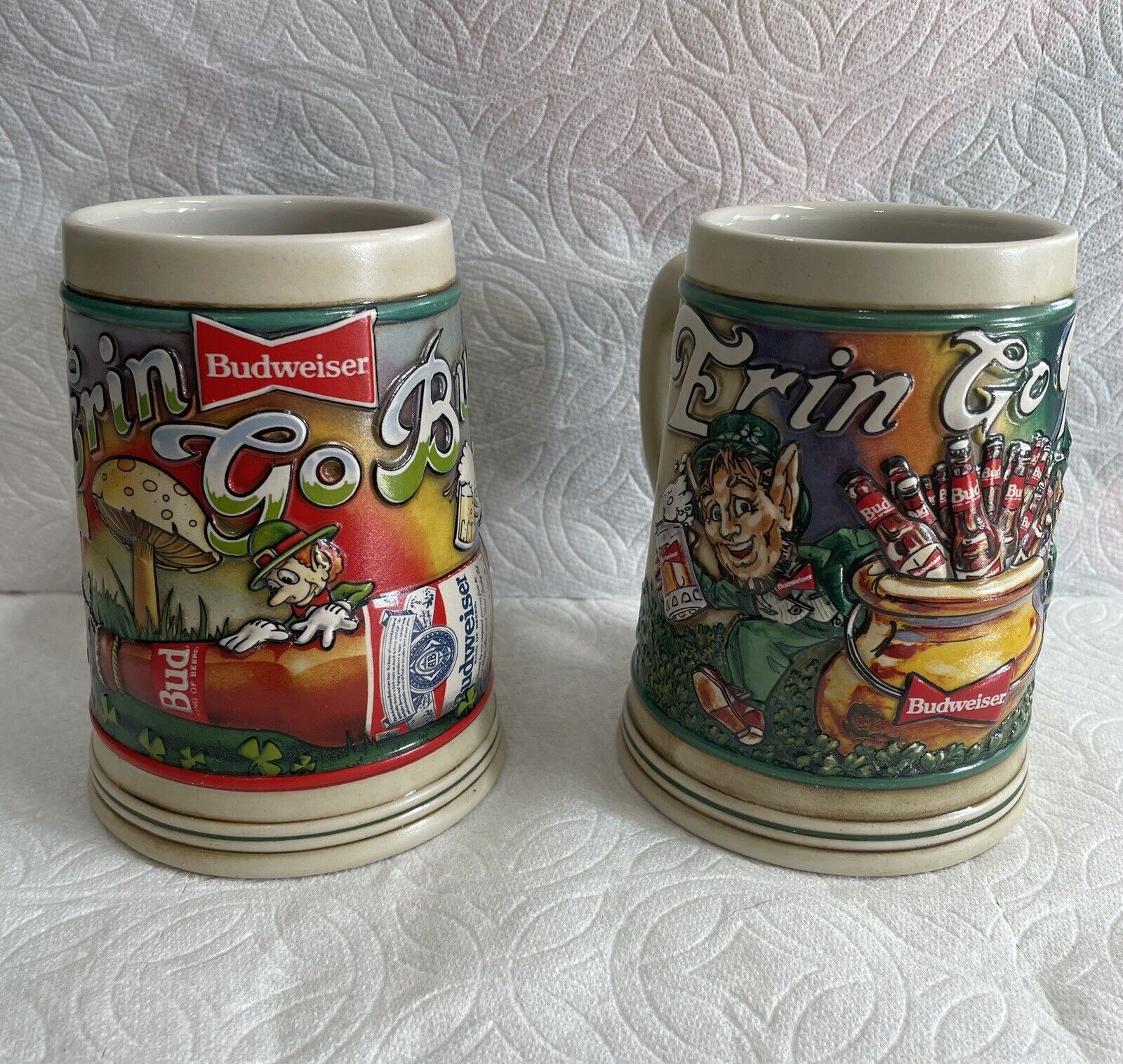 Budweiser St Patrick's Day Erin Go Bud 1992 & 1993 Steins. Never Used