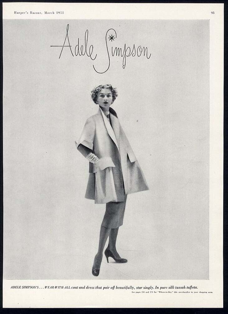 ADELE SIMPSON Fashion Magazine Ad 1951 COAT Dress Silk Taffeta