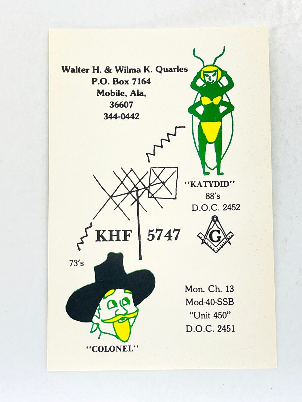 Vintage QSL Card Ham CB Amateur Radio Walter Wilma Quarles Mobile KHF 5747 AL