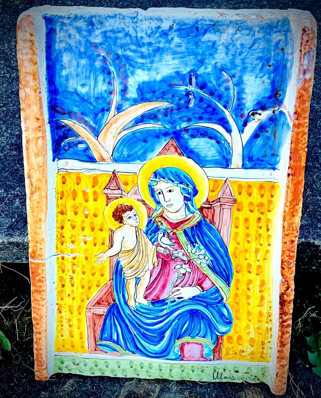 Italian Majolica Terracotta Deruta Drain Tile Madonna and Child by Mancinelli