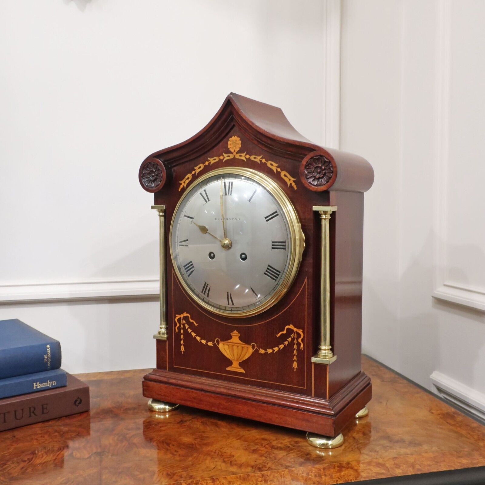 Antique Mantel Clock French Mahogany & Marquetry by Vincenti Restored