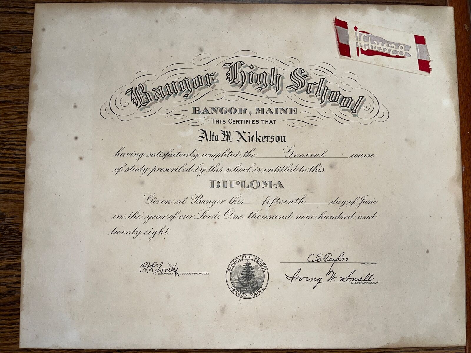 1928 Bangor High School Diploma - Alta Nickerson Taylor Small Maine Genealogy