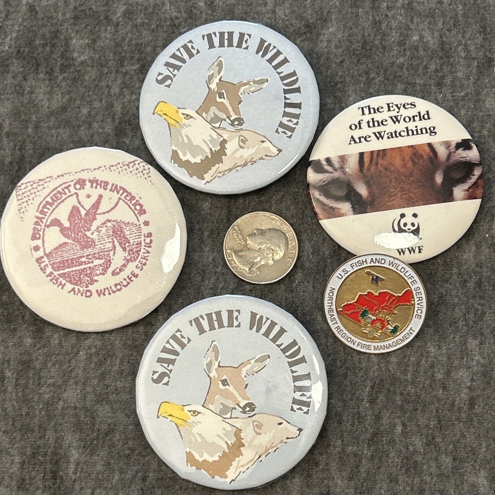 Lot Of 5 Wildlife Preservation Pinback Buttons And Lapel Pin