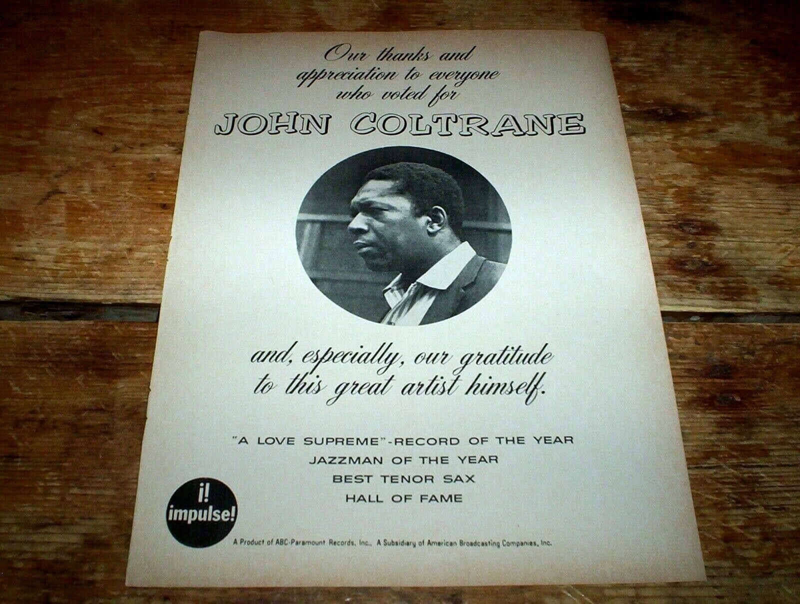 JOHN COLTRANE ( A LOVE SUPREME ) 1966 U.S. IMPULSE Records PROMO magazine Ad NM-