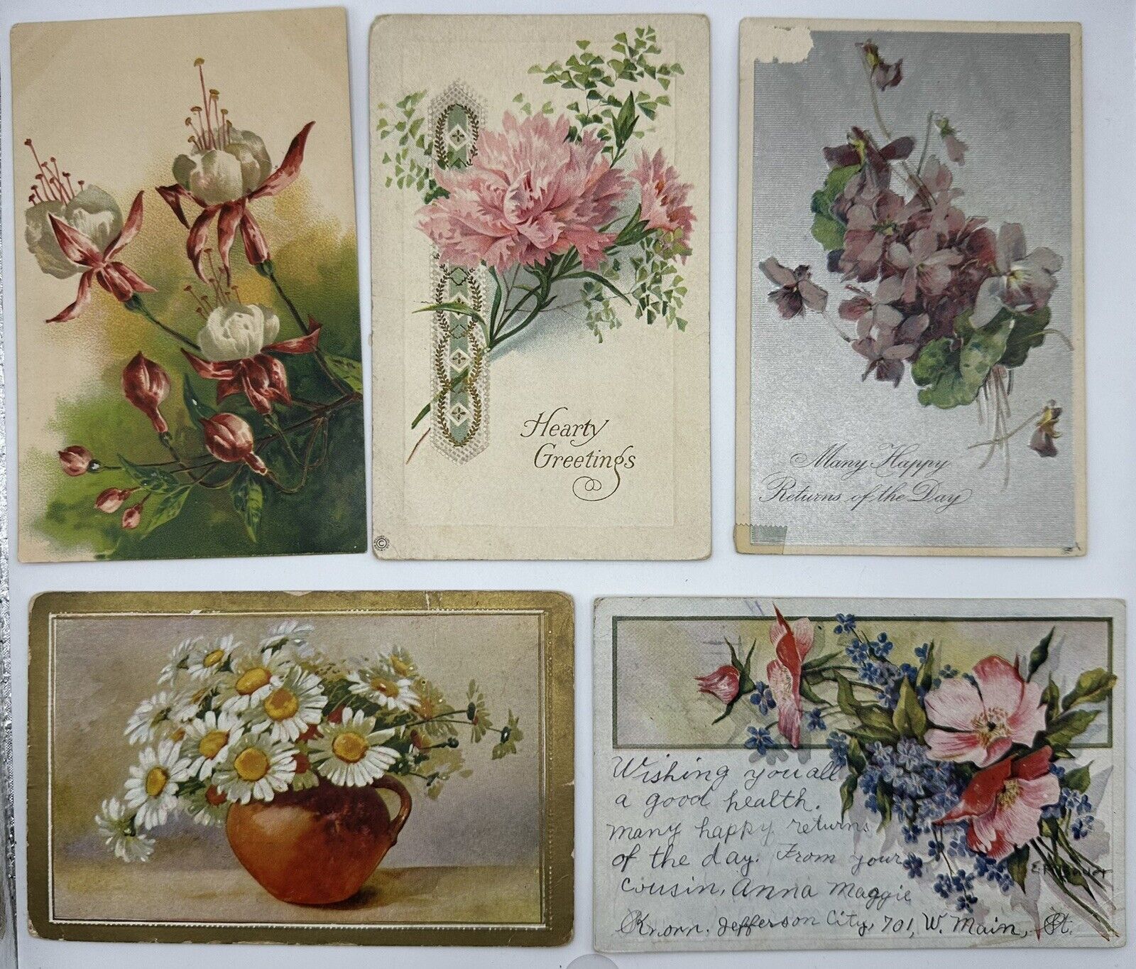 Antique 1909-1910 Embossed Flower Postcard Lot Of 5