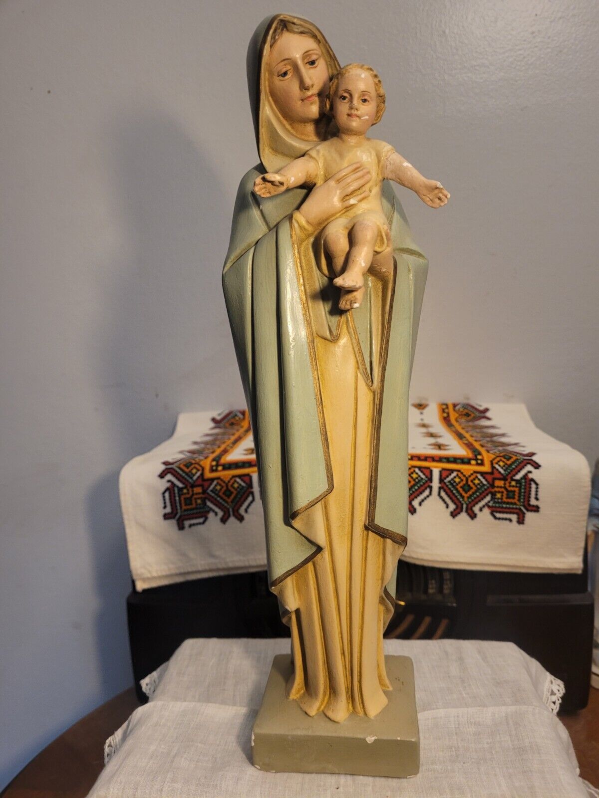 Vintage Madonna with Child Figure, Catholic Gift Hand Painted Signed GS