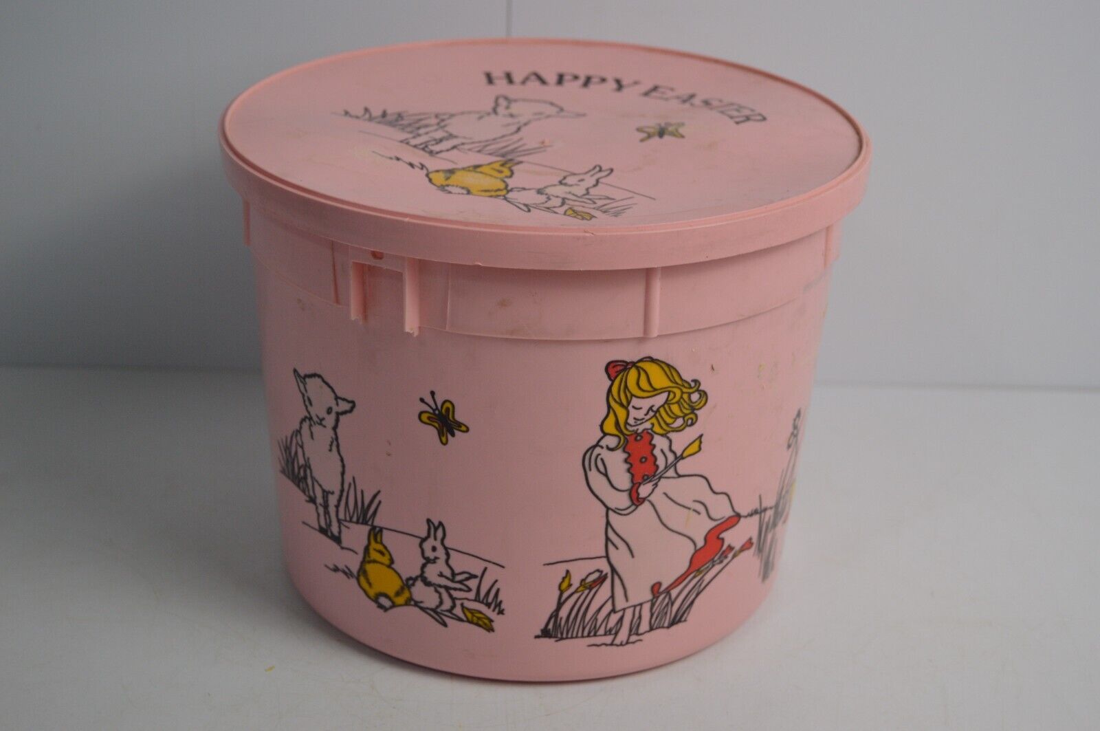 Vintage Plastic Easter Pail Pink Farm Girl Sheep Chickens Rabbits No Handle