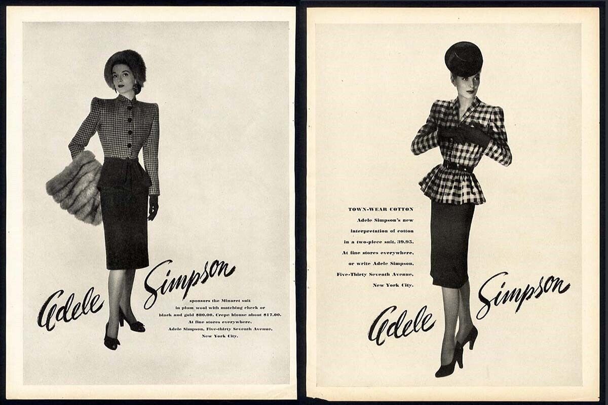 ADELE SIMPSON 2 Fashion Ads 1944 Town Wear Women's Suits