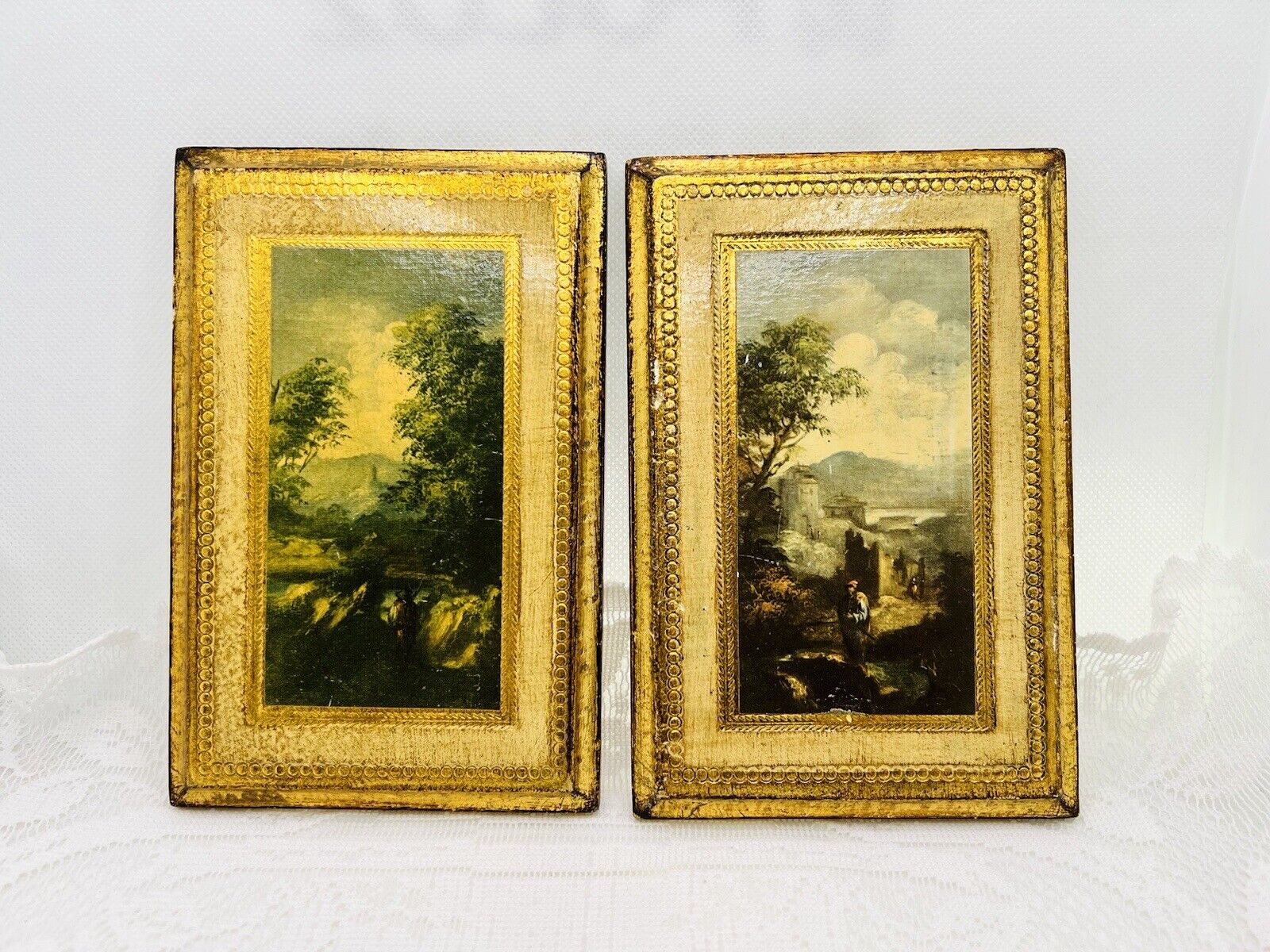 2 Florentine Italy PLAQUES Vintage Country Venetian Scenes on Gilt Painted Wood
