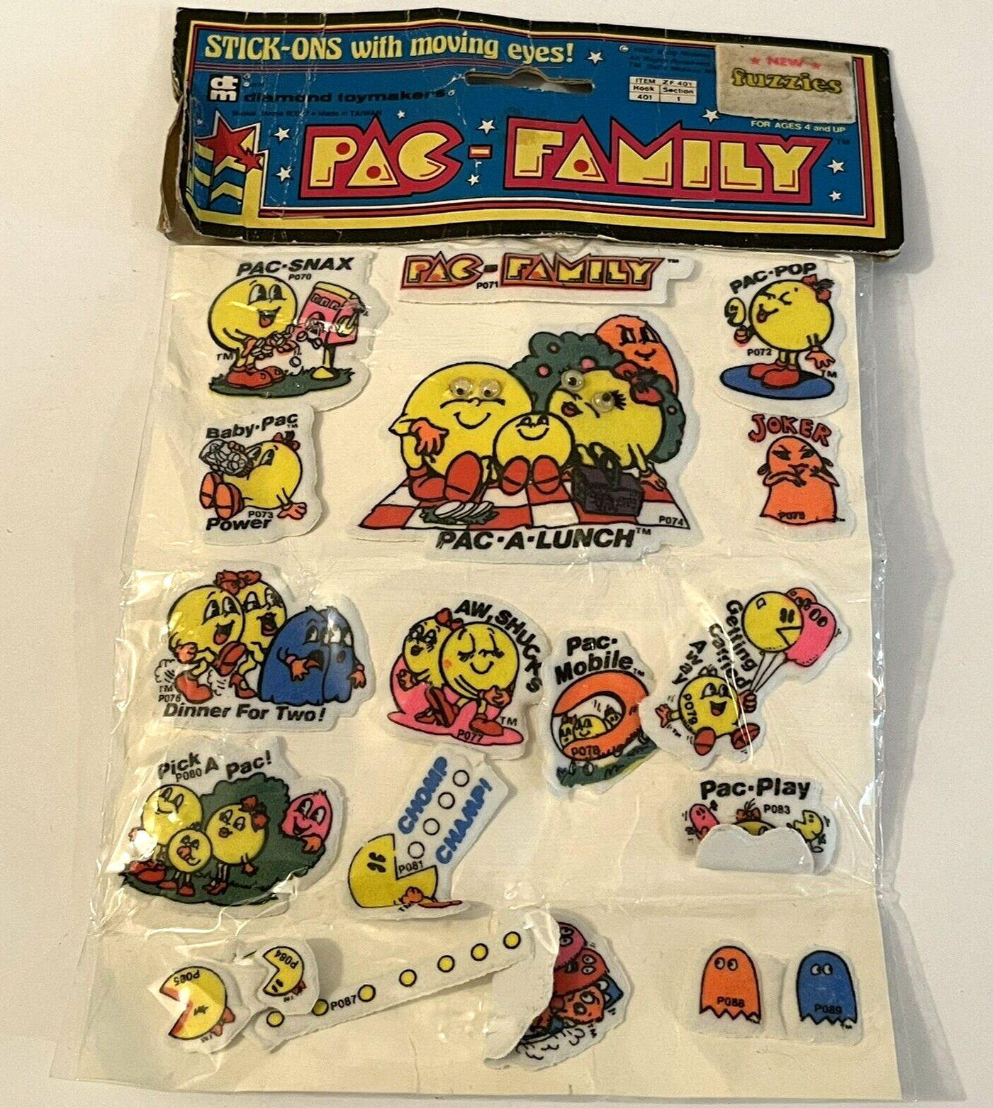 Vtg Pac-Man Family Fuzzy Stickers Fuzzies Moving Eyes Bally Midway Diamond 1982