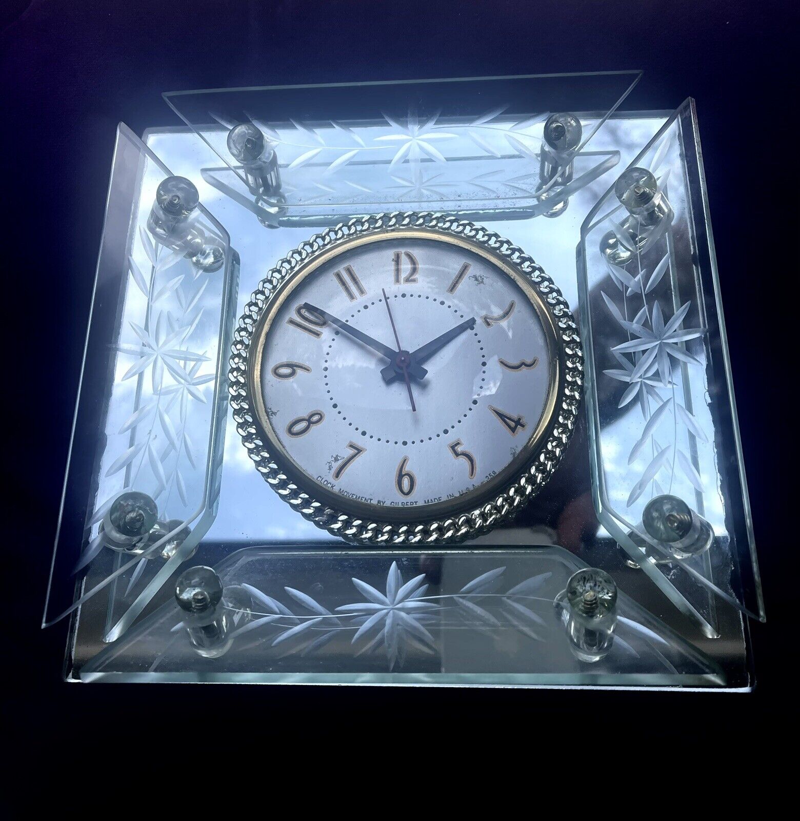Mid Century Modern Cut Glass Mirror Mantel Clock