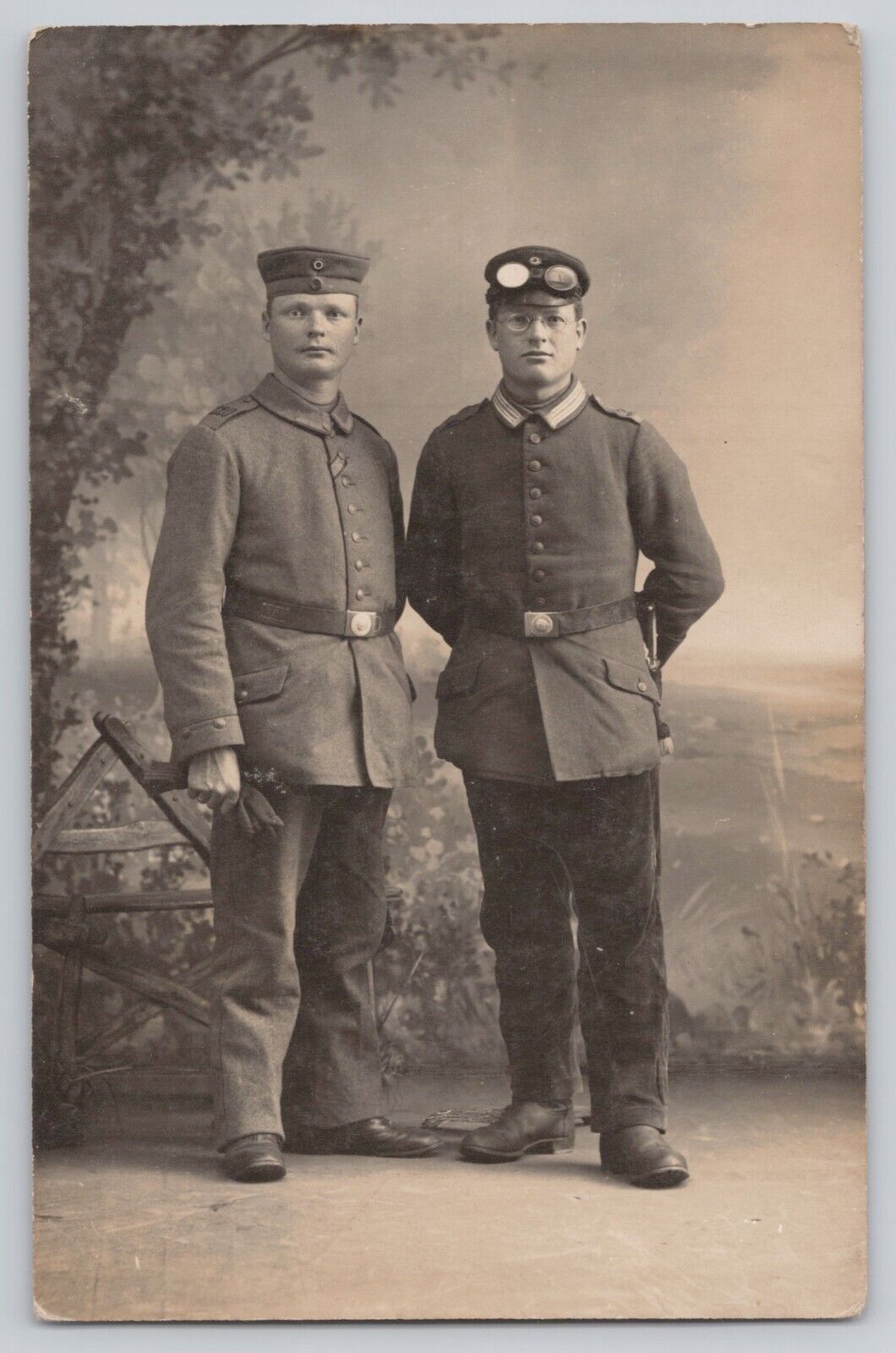 WWI RPPC German Soldiers Studio Portrait Two Young Men Goggle Motorist Postcard