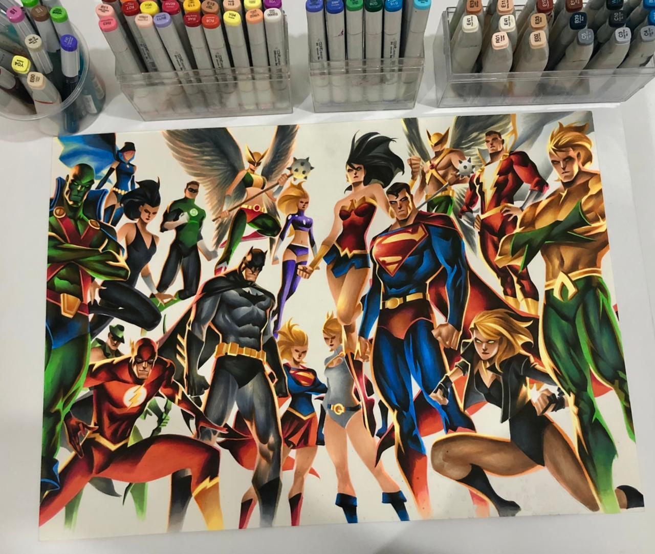JUSTICE LEAGUE HUGE 17X24 ORIGINAL PINUP ART BY MARVEL DC ARTIST THONY SILAS