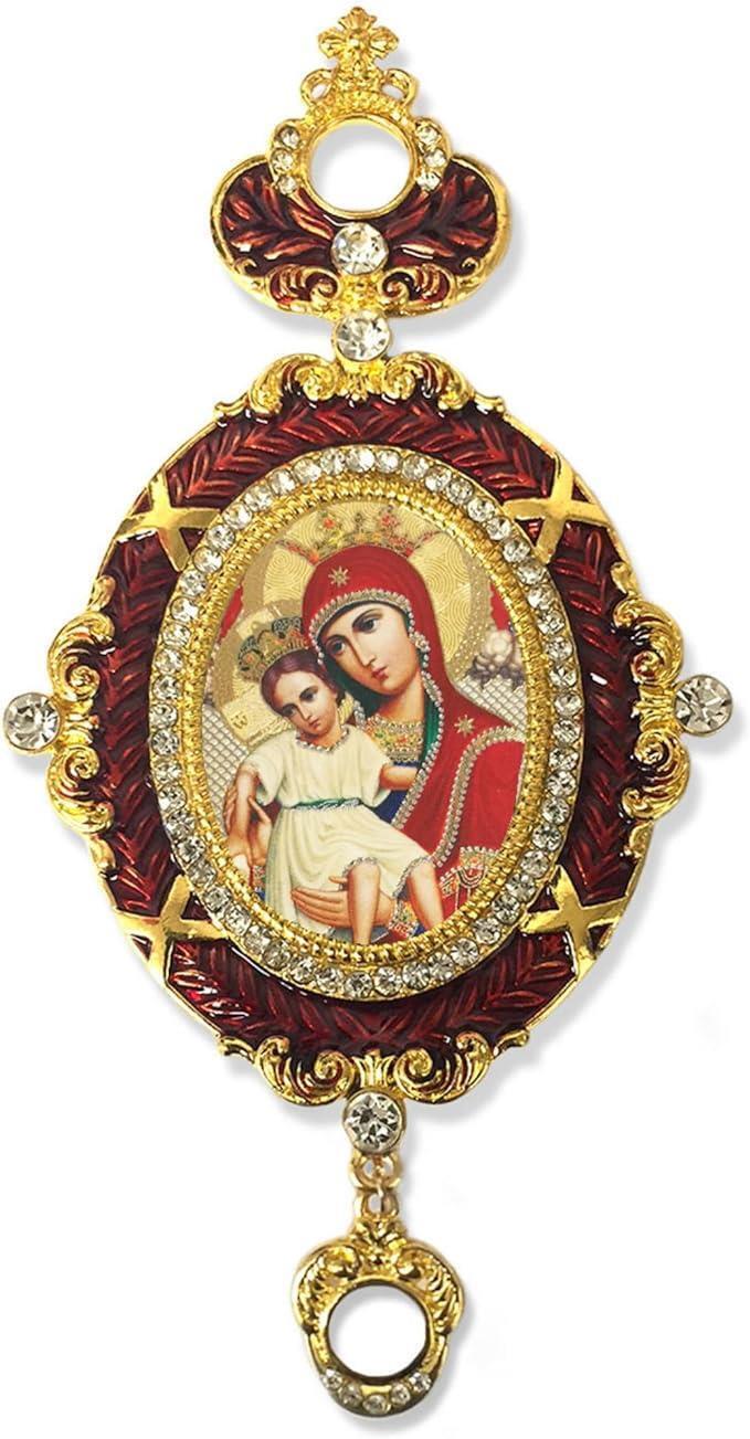 Crown Accent Madonna and Child Icon in Ornate Red Enameled Frame 5 3/4 Inch