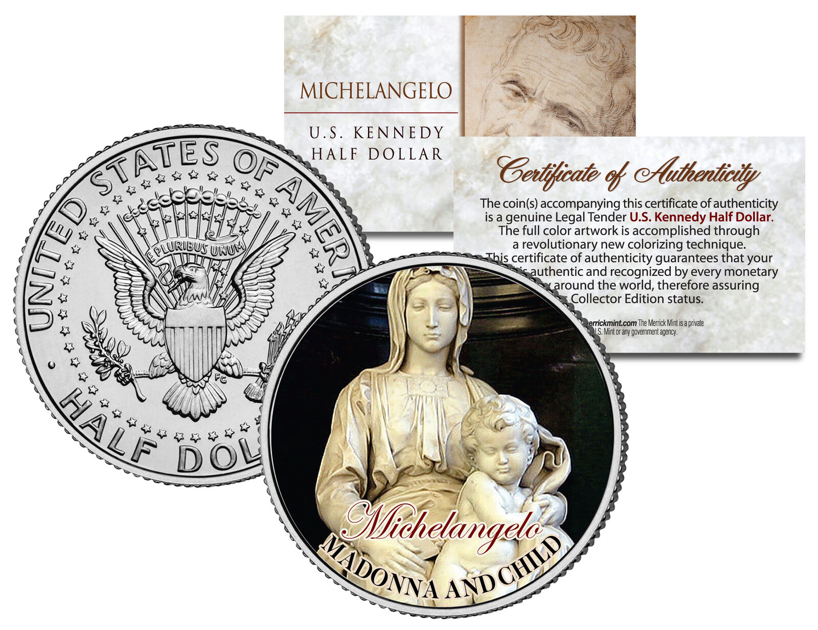 MICHELANGELO *MADONNA AND CHILD* Jesus Statue Sculpture JFK Half Dollar US Coin