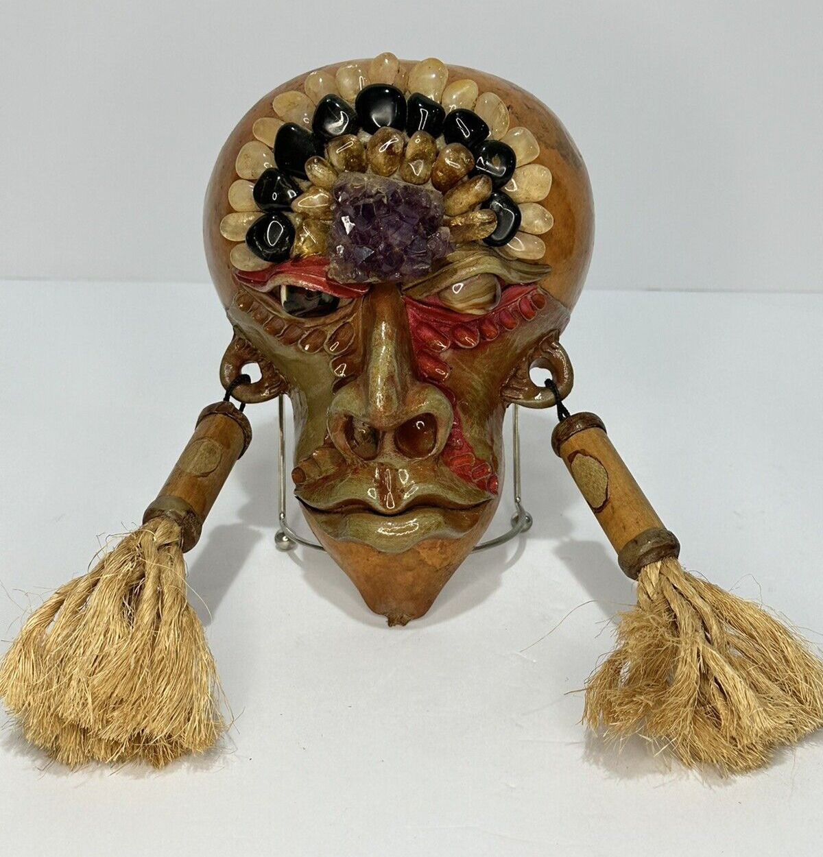 Brazilian Gemstone Porongo Gourd Mask Handcrafted Gems & Healing Stones
