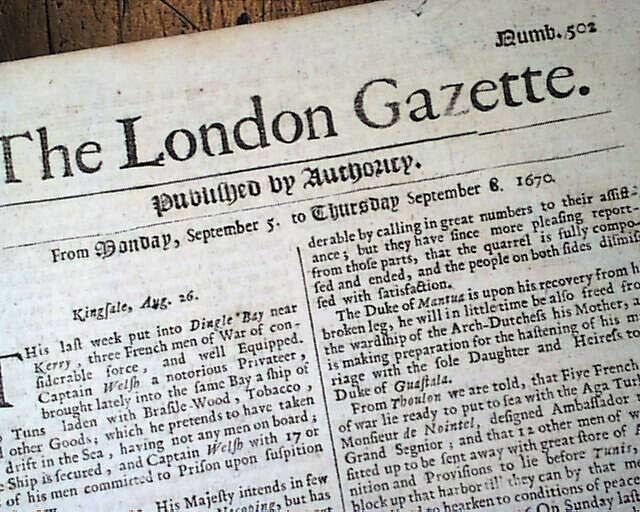 1670 Newspaper EARLY Rare 17th Century 354 Years Old LONDON GAZETTE England Rare