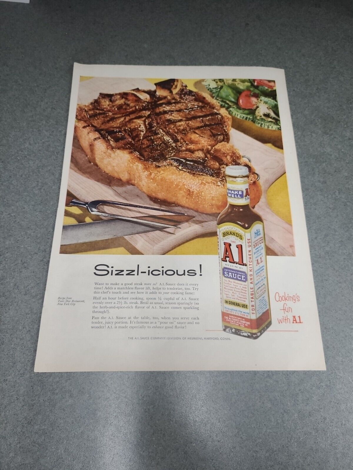 1955 A 1 Sauce Ad  Big Steak Sizzlicious 10x13 