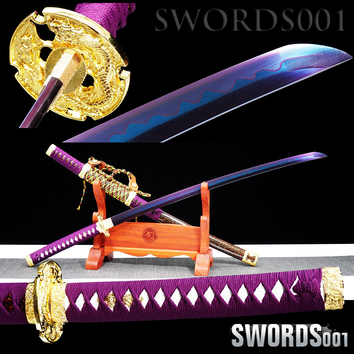 Elegant Purple Blade Japanese Samurai Tachi Sword Katana Golden Dragon Tsuba