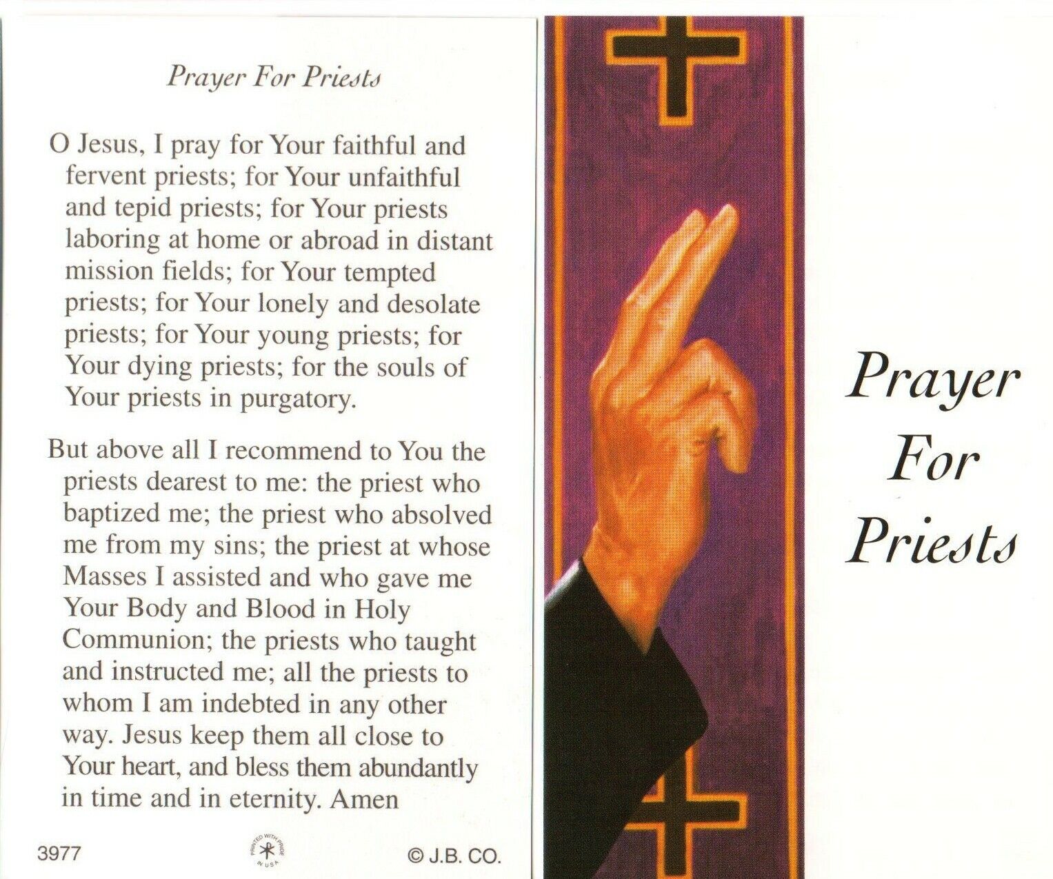 JB3977P Prayer for Priests HC Paper Holy Card Pack of 100 Pieces
