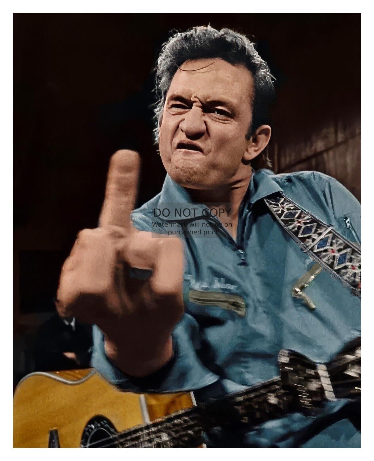 JOHHNY CASH FLIPPING THE BIRD TO THE CAMERA COUNTRY SINGER 8X10 COLORIZED PHOTO