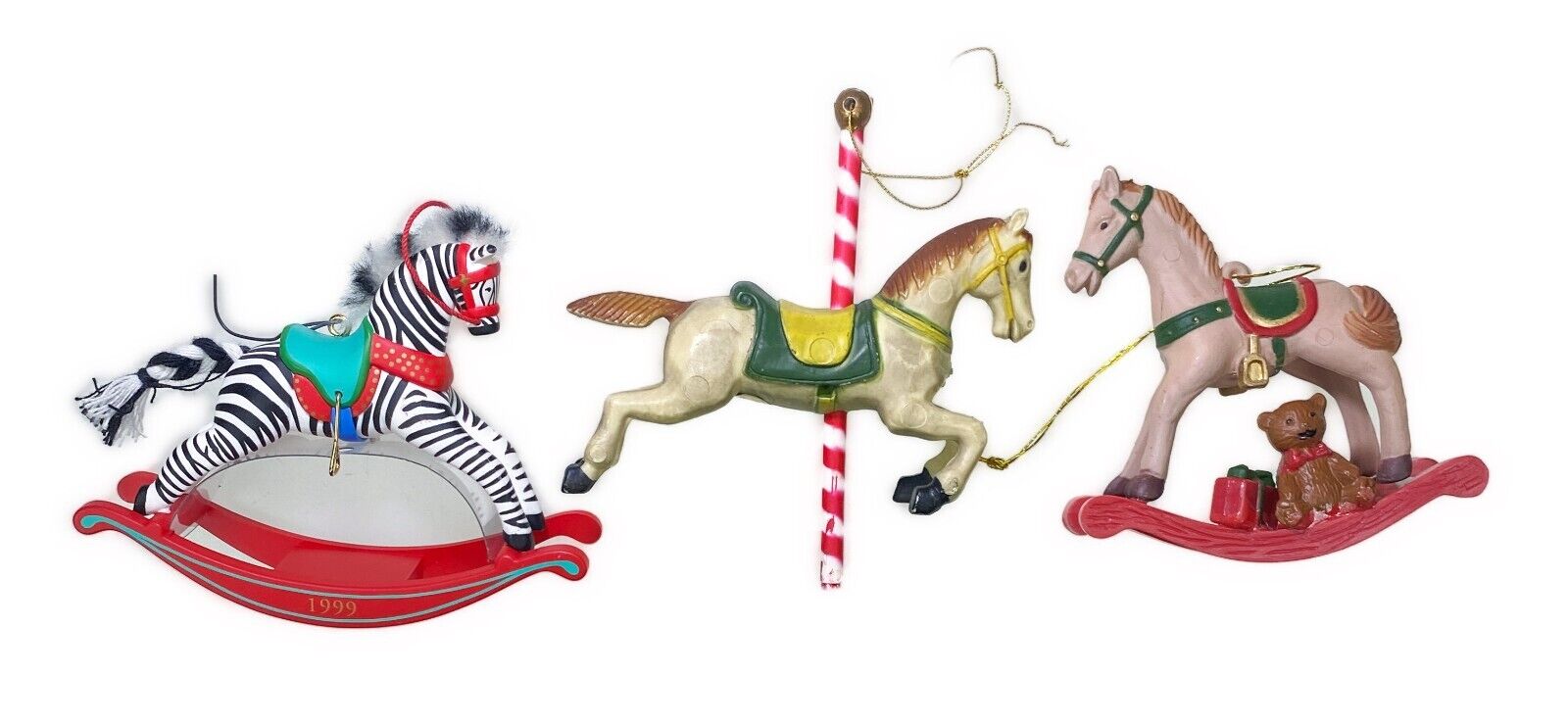 1999 Rocking Zebra & Carousel Horse Pony Plastic 3 Christmas Holiday Ornaments