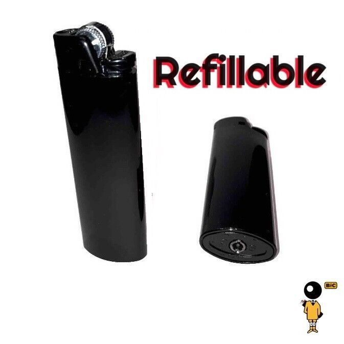 🔥 LIMITED EDITION All Black Refillable BiC Lighter + Spare Flint • Classic Maxi