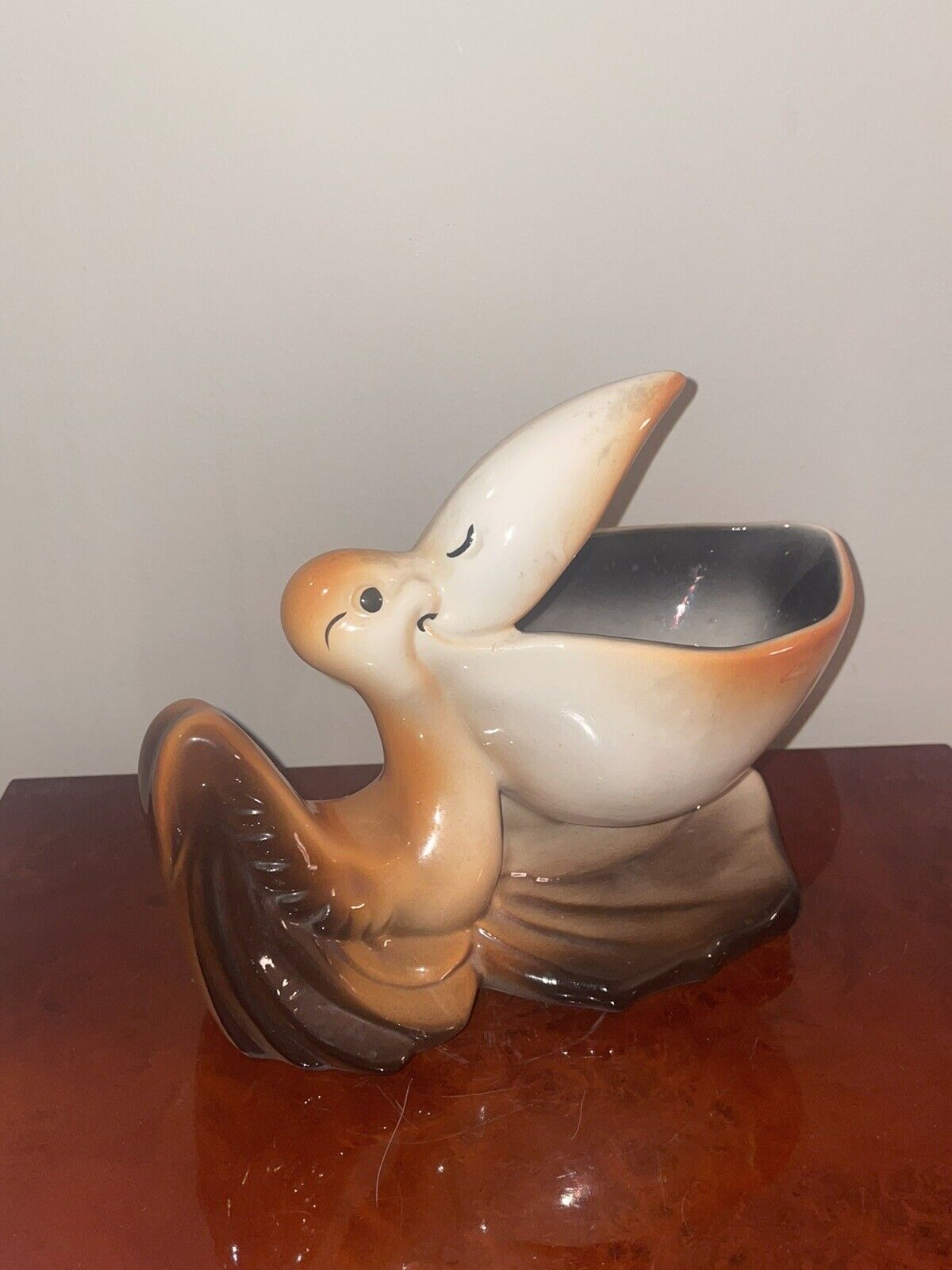 Vintage MCM Painted Porcelain Pelican Bird Bowl Figurine