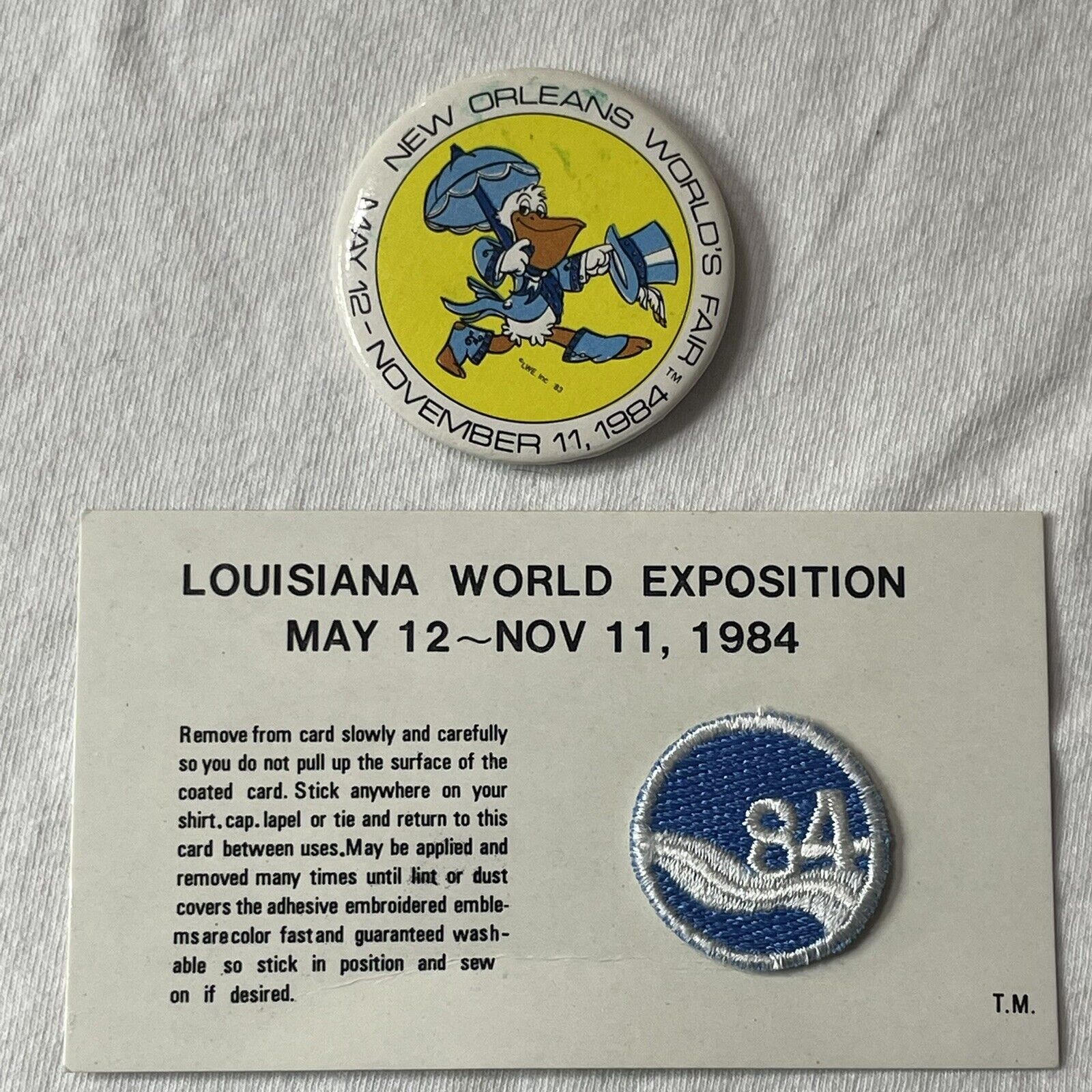 1984 LOUISIANA WORLD EXPO Patch + NEW ORLEANS WORLDS FAIR Pinback Button B010