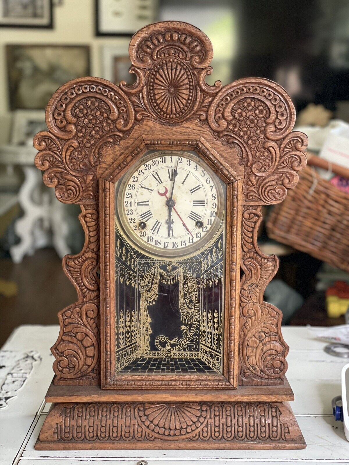 E. Ingraham Gila Gingerbread Calendar Clock Circa 1900 Bristol Connecticut