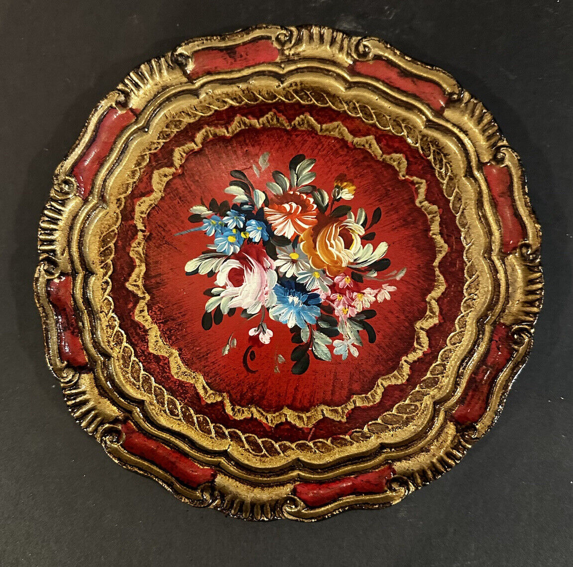 Vintage Italian Florentine Hand Painted Tole Wood Tray 8” Plate Italy Gold Red