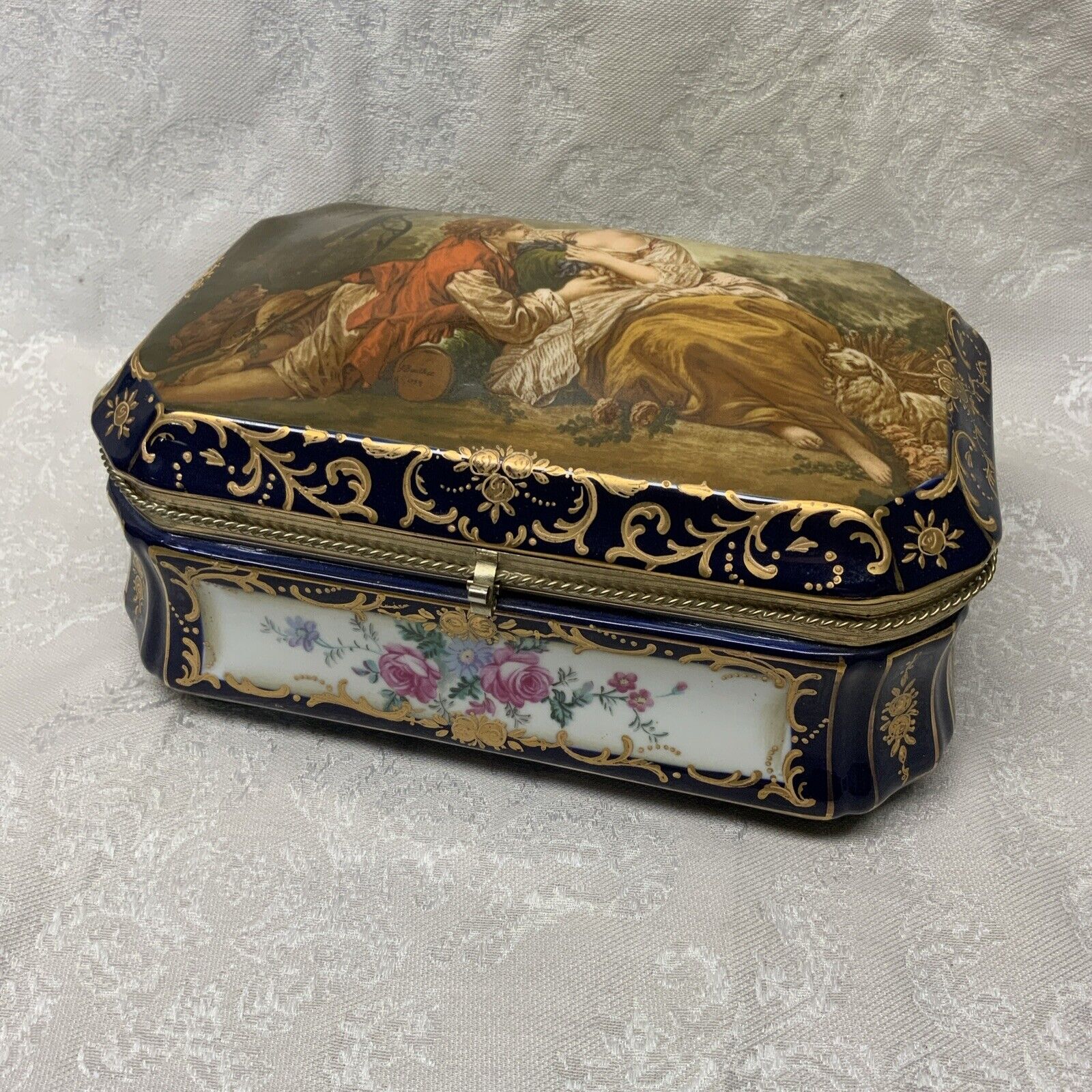 Antique artist-signed hand-painted porcelain box C:1759 F. Bouchée Jewelry Box