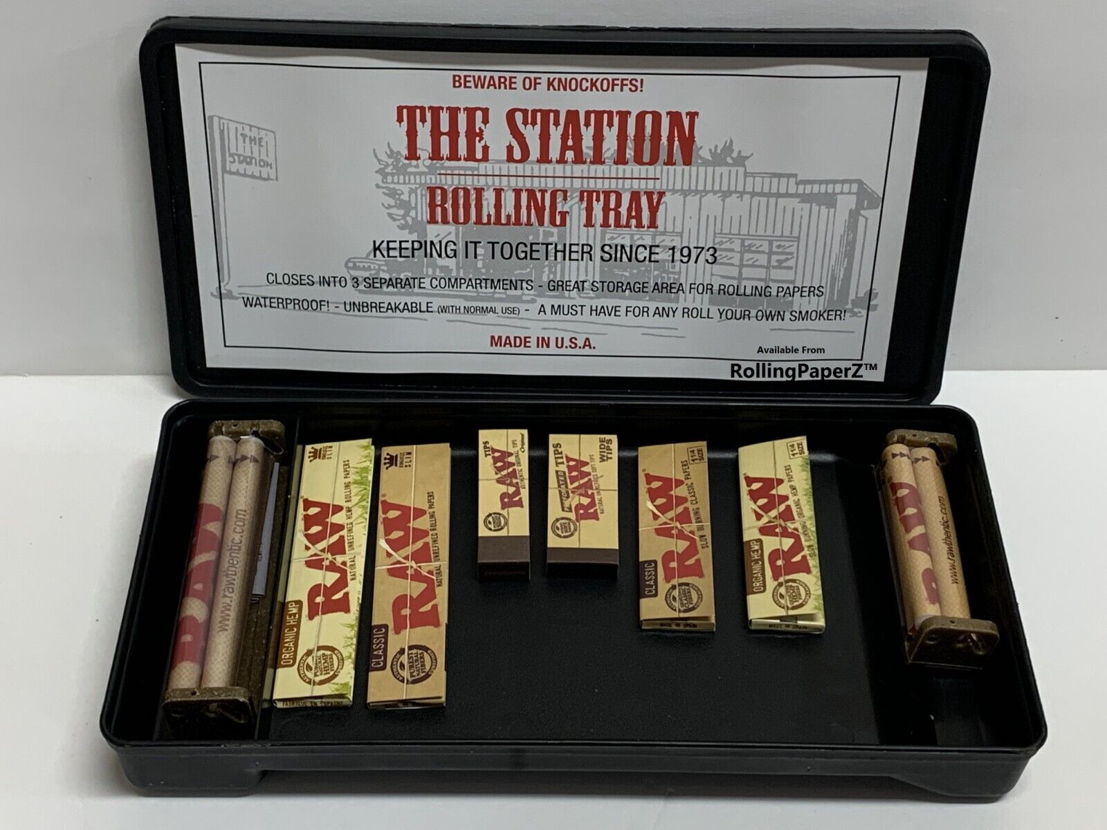 THE STATION ROLLING TRAY & STORAGE BOX +RAW Papers, Tips & Rolling Machines READ