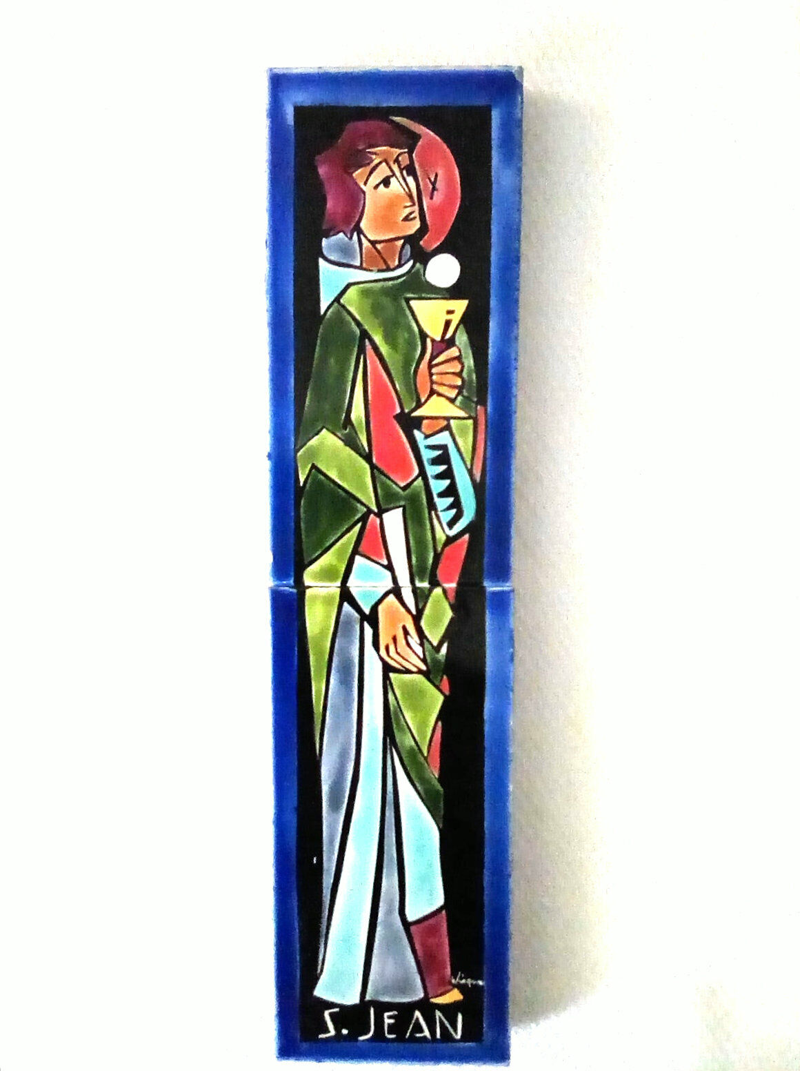 Vtg Wisques Unique  Religious Painted Tiles St. Jean L'Evangeliste 1960s     HG9