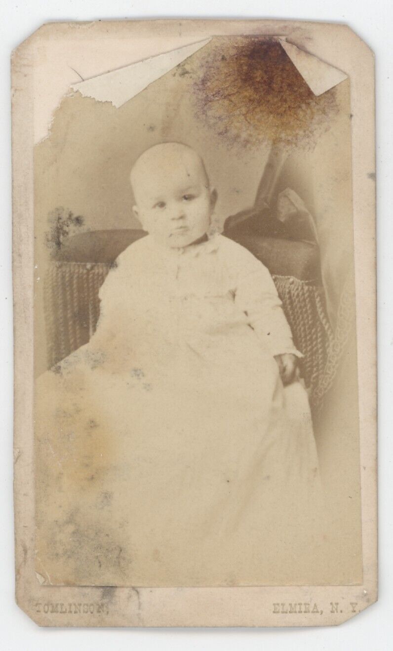 Antique CDV Circa 1870s Adorable Baby in Long White Dress Tomlinson Elmira, NY
