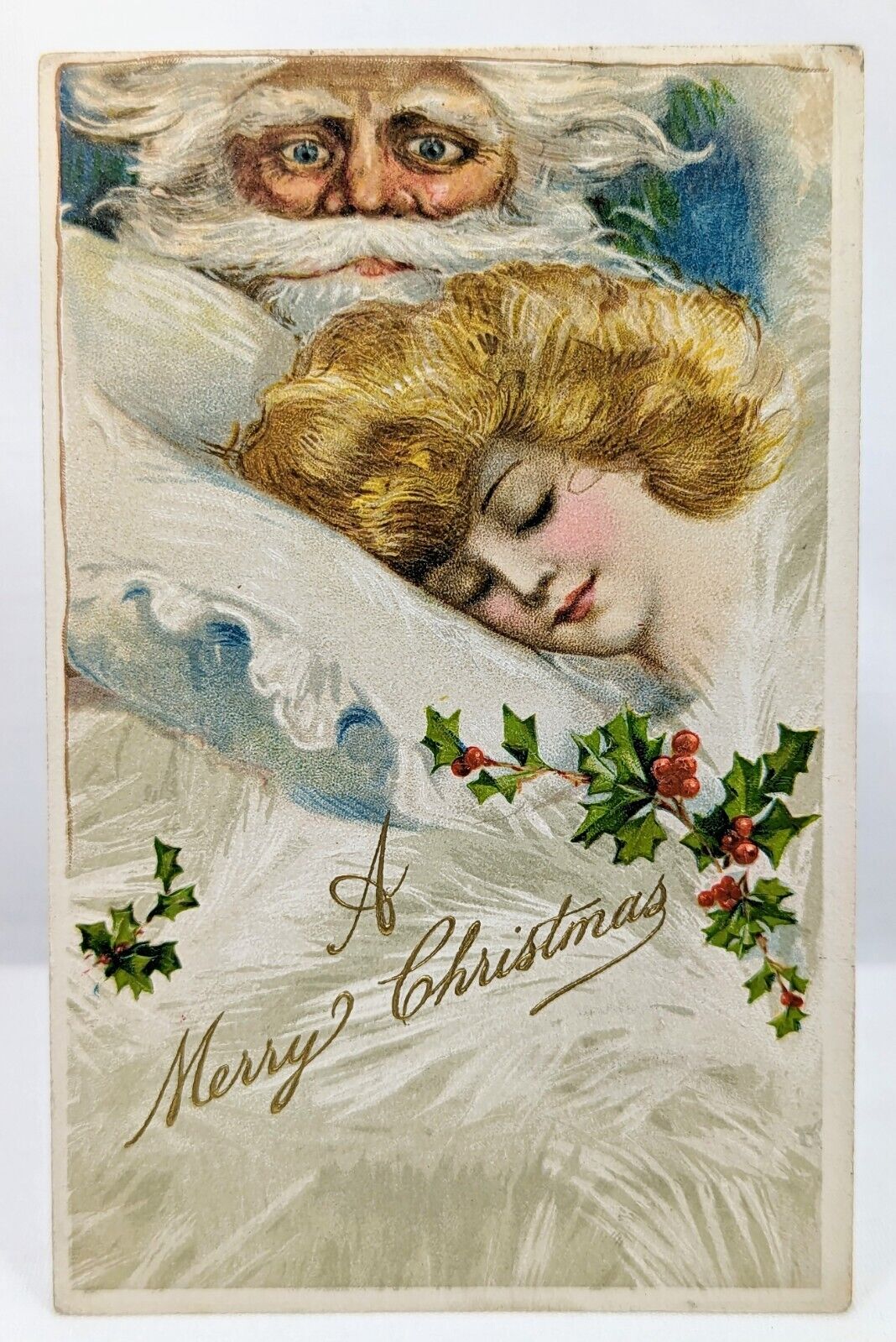 Artist Schmucker Santa Claus and Sleeping Woman Merry Christmas Antique Postcard