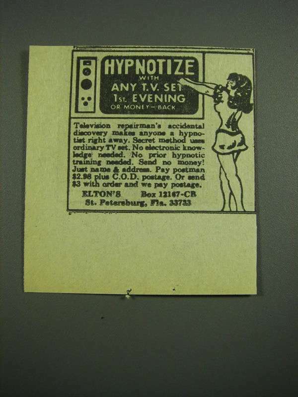 1974 Elton\'s Hypnotism Ad - Hypnotize With Any T.V. Set