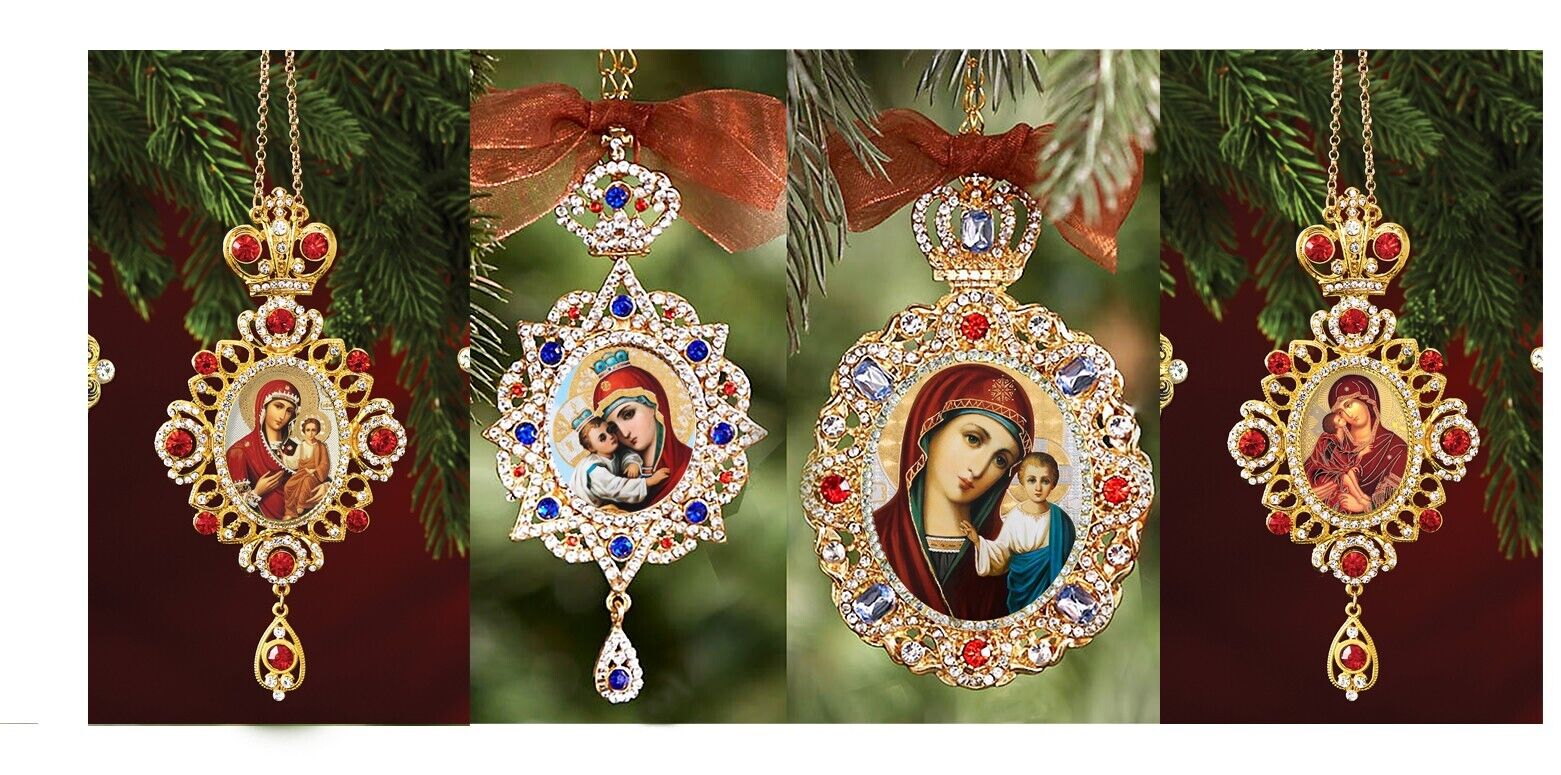 Set of 4 Religious Christmas Crowned Ornaments Madonna and Child Christ w Chain